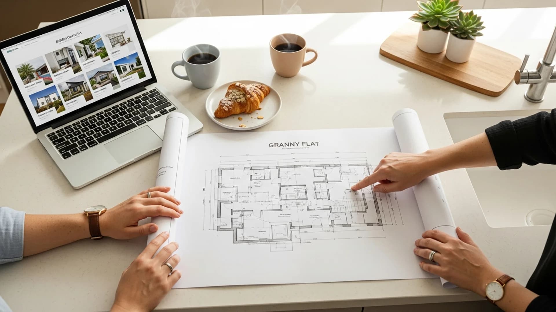 Homeowners reviewing granny flat building plans and a laptop showing builder portfolios on a kitchen island in an Australian home