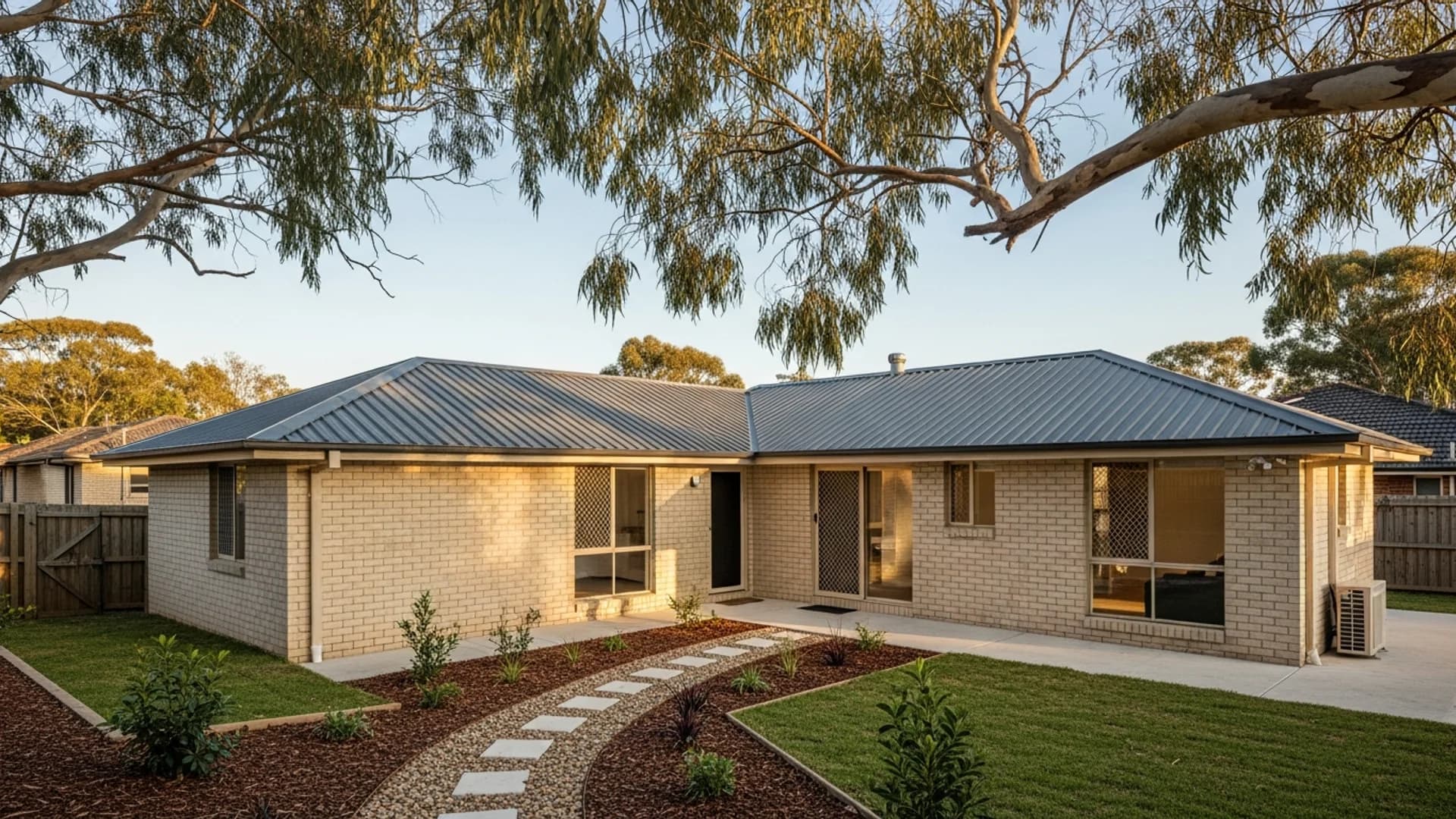 Completed two-bedroom granny flat with rendered brick exterior and colorbond roof in a suburban backyard